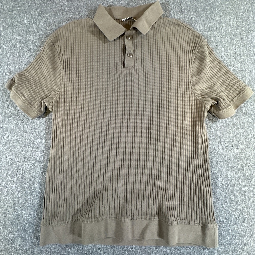ZARA Ribbed Polo Shirt Mens L Tan Brown Knit‎ Textured Short Sleeve